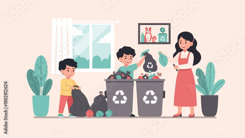 Family tidying up, placing garbage in recycling bins