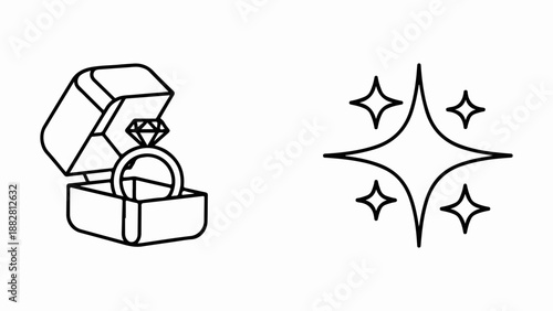 Diamond engagement ring in a box with sparkling stars icon isolated on white background, Vector, illustration