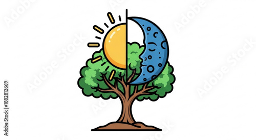 Tree with sun and moon symbolizing day and night nature and seasons change and balance in environment