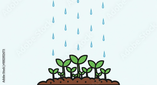 Green seedlings growing in brown soil with raindrops falling from above on a light blue background
