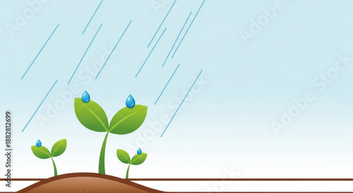 Green seedlings growing in brown soil on a rainy day with blue raindrops and light blue sky background