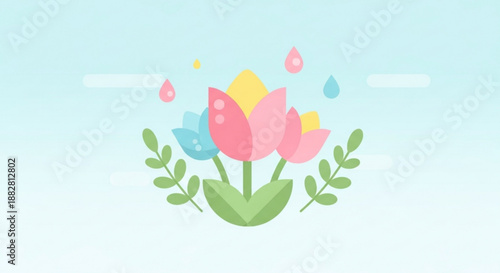 Colorful tulip flowers with raindrops on a light blue background symbolizing spring and freshness in a minimalist style