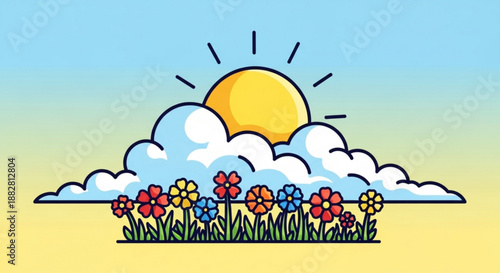 Colorful cartoon flowers bloom under sunny sky with fluffy white clouds and bright yellow sun