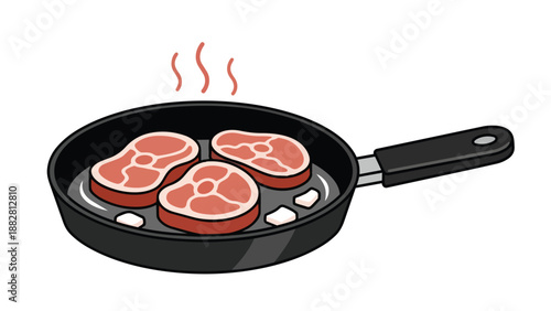 Fresh cuts of red meat sizzling in a hot black frying pan, indicating a meal in preparation, with visible steam rising from the cooking