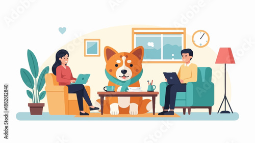Cozy home scene with people and a dog working on laptops
