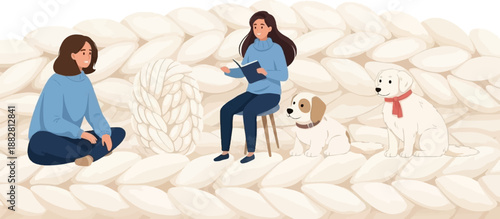 Cozy scene with two women and dogs on knitted background