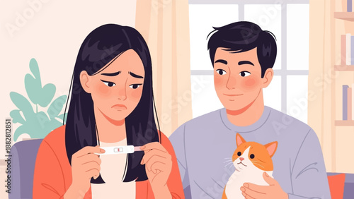 Couple with cat looks at pregnancy test, woman appears distressed