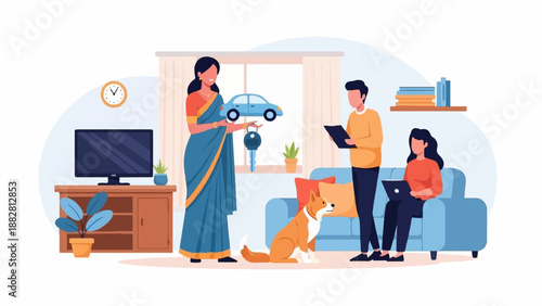 Family with car keys, laptop, tablet, dog and TV inside a home