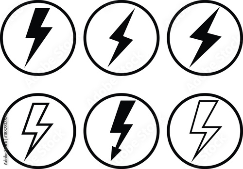 Six black lightning bolt within black circles on white background electricity power