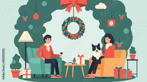 Cozy winter evening with a couple, dog, and festive decor
