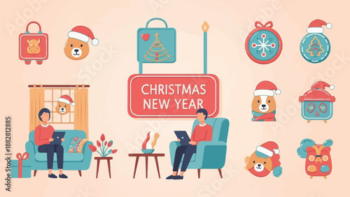 Cozy home scene with people on laptops amidst festive decorations