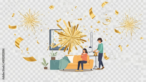 Festive scene with falling gold confetti and a couple indoors