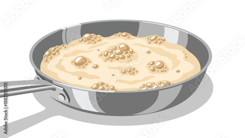Bubbling batter in a silver frying pan, cooking on a stove top, ready for a delicious breakfast meal or a delightful culinary creation, an enticing