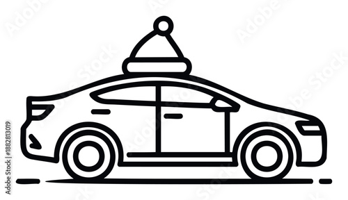 Outline of a sleek sedan car adorned with a festive Santa hat on its roof, ideal for holiday travel advertisements, Christmas greeting cards, or seasonal promotions.