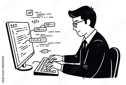 Focused professional developer typing on a computer keyboard, surrounded by abstract code elements, illustrating technology, software development, and digital innovation