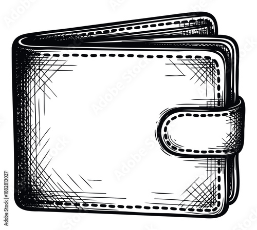 Detailed monochrome ink drawing of a leather bifold wallet with a snap closure perfect for showcasing personal finance management or economic concepts in various media projects