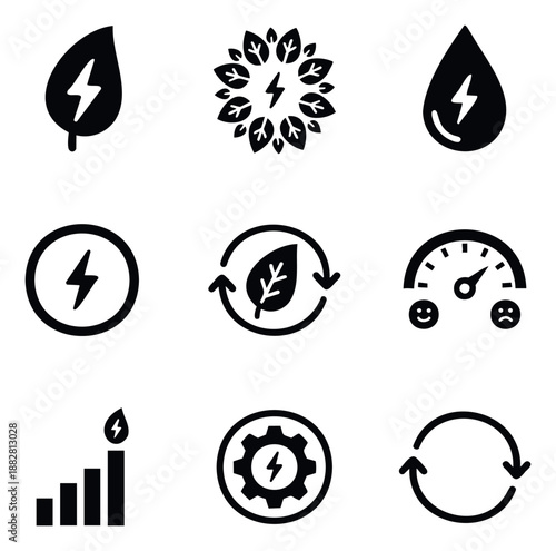 Set of sustainable energy and environmental icons including natural power from leaves and water, electricity generation, recycling symbols, and efficiency gauges for ecofriendly projects.