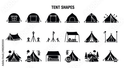 Various black outdoor camping tent shapes and styles icons for travel adventure, nature exploration, and overnight wilderness shelter graphics.