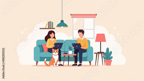 Cozy home scene with two people and a dog working on laptops