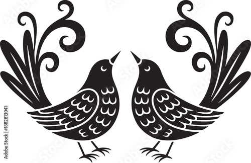 Love Birds Couple Silhouette Romantic Folk Art Design