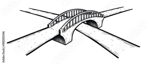 Hand drawn black and white sketch of an arched bridge spanning over a lower road, depicting a complex transportation intersection for urban planning and infrastructure concepts