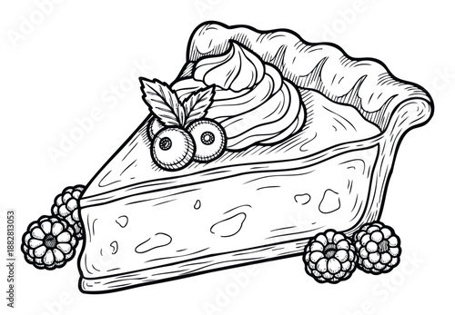 Delicious slice of berry pie topped with whipped cream and fresh fruit, perfect for food blogs, recipe books, or restaurant menus seeking a charming dessert graphic.