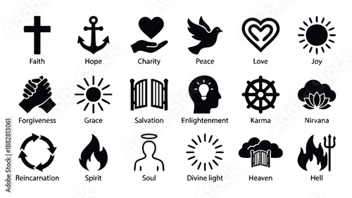 Comprehensive collection of spiritual and religious belief system icons including faith, hope, love, peace, karma, and salvation, ideal for educational resources and modern digital