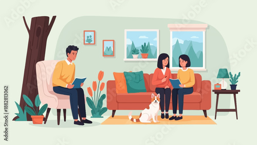 Family and dog relax indoors reading books near potted plants