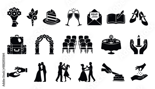 Comprehensive wedding and celebration event icons collection, perfect for graphic resources, invitation print materials, and digital project applications.