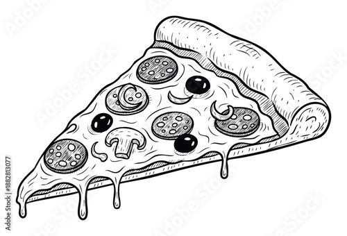 A delicious handdrawn pizza slice with pepperoni, olives, and mushrooms, featuring dripping cheese, perfect for food menus, restaurant promotions, or culinary graphic projects.