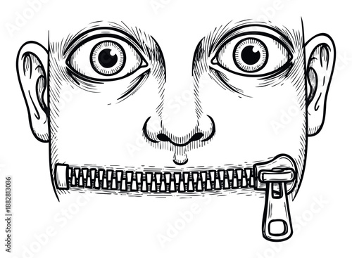 A striking black and white sketch of a human face featuring a prominent zipper across the mouth, symbolizing enforced silence or lack of voice in modern communication issues and personal