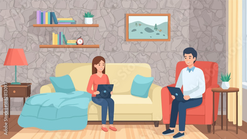 Couple using laptops in a cozy living room with stone walls and bookshelves