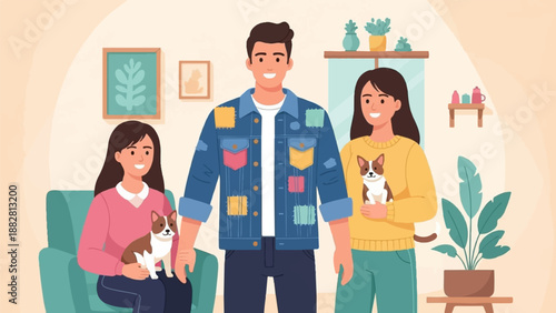 Diverse family with pets enjoying time together indoors