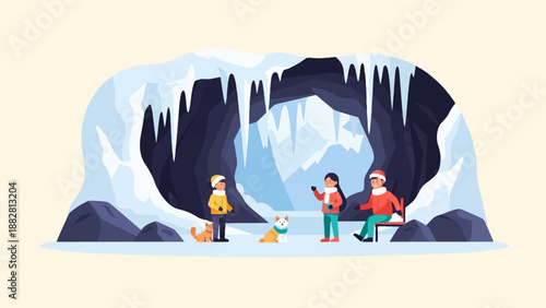 Family with pets explores a frosty ice cave with icicles