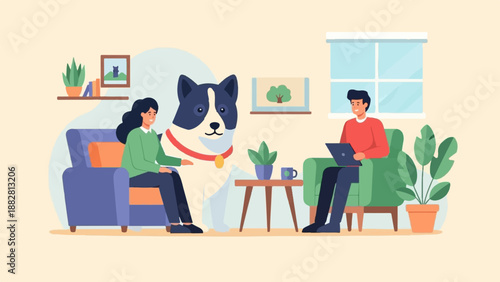 Family and pet relax indoors with digital devices and potted plants