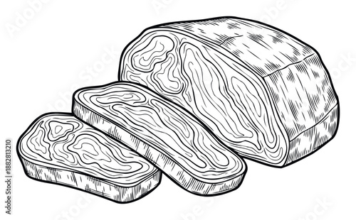 Black and white line drawing of a premium cut of meat, skillfully sliced into steaks, perfect for culinary blogs, restaurant menus, or foodrelated publications.