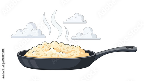 Vibrant cartoon illustration of fluffy, steaming rice nestled warmly in a dark skillet, conveying fresh culinary delight for home cooks and food