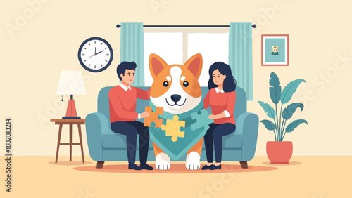 Family with pet dog assembling puzzle on sofa