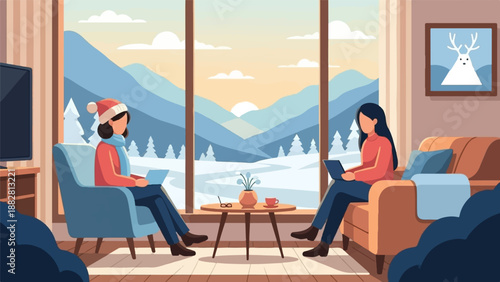 Cozy winter interior with two women using laptops, overlooking snowy mountains