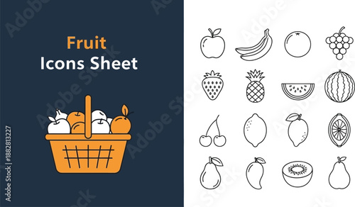 Black outline icon sheet of fruits in line art style