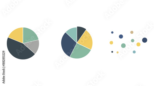 Two pie charts and scattered dots in muted colors isolated on white background, Vector, illustration