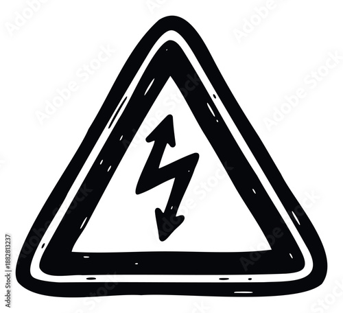 A handdrawn black and white electric shock warning sign indicates potential danger from high voltage electricity, perfect for safety awareness posters, industrial site alerts, or