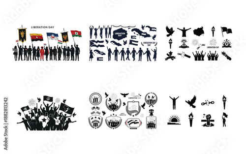 Black and white liberation day celebration with flags and people silhouettes