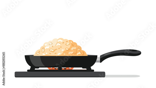 Flat illustration of a cooking pan filled with grain on a portable stove burner