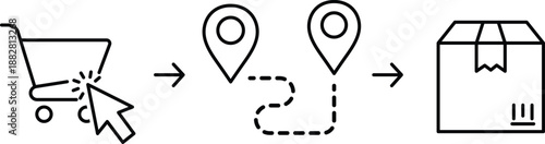 Shopping cart cursor clicks then route between map pins to delivery box arrow