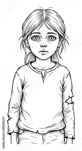 Somber young person with a poignant expression wearing simple distressed clothing in a black and white line art style, suitable for emotional storytelling and graphic novel projects