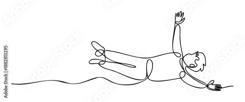 Continuous line drawing of a person swimming or floating, representing freedom and movement, ideal for sports posters, wellness campaigns, or modern website graphics.