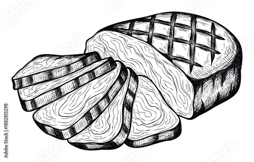 Handdrawn sketch of a grilled and sliced meat roast, perfect for culinary publications, food blogs, or restaurant menu designs emphasizing traditional cooking styles