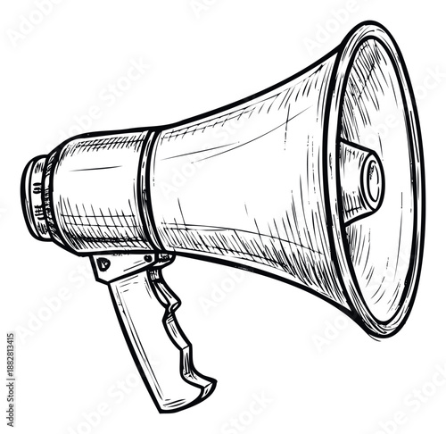 A classic hand drawn megaphone symbol for public speaking and making loud announcements perfect for protest communication and marketing campaigns