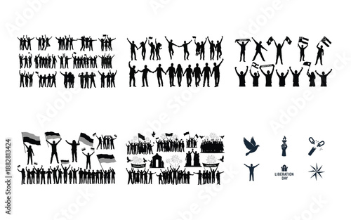 Black silhouettes of people celebrating with flags and fireworks celebration